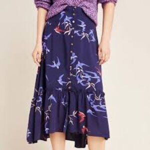 Maeve Anthropologie Merida Bird High-Low Midi Skirt Blue Crane Print Sz 8